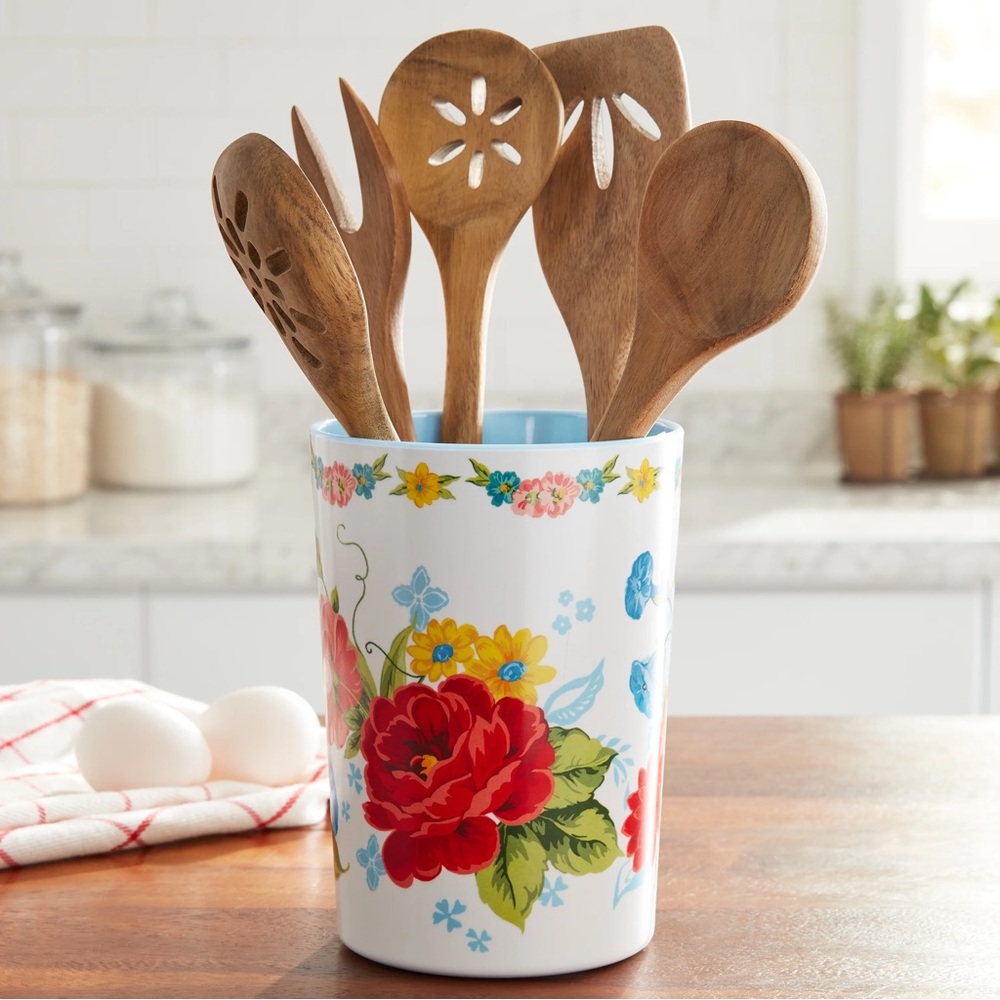 Last Set! 🌺 New Pioneer Woman 6-Piece Sweet Rose Utensil Crock with Wooden Tools